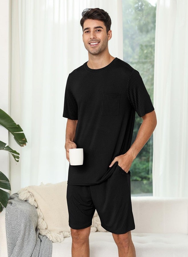 EISHOPEER Mens Ribbed Knit Sleepwear Pajamas Set Loungewear Short Sleeve Lounge Set 2 Piece PJ Sets Black Large - Image 2